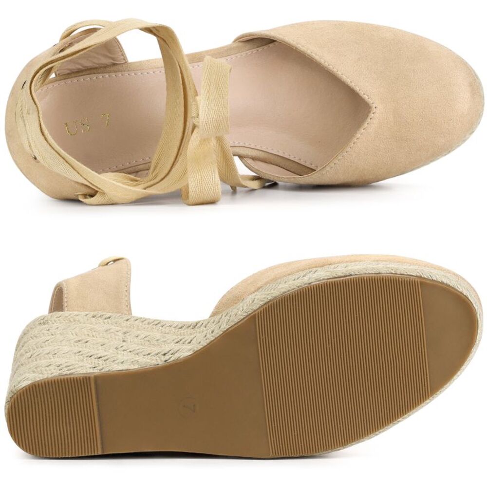 Closed Toe Espadrilles Wedges Tie Up Wedge Sandals Beige - Picture 4 of 6